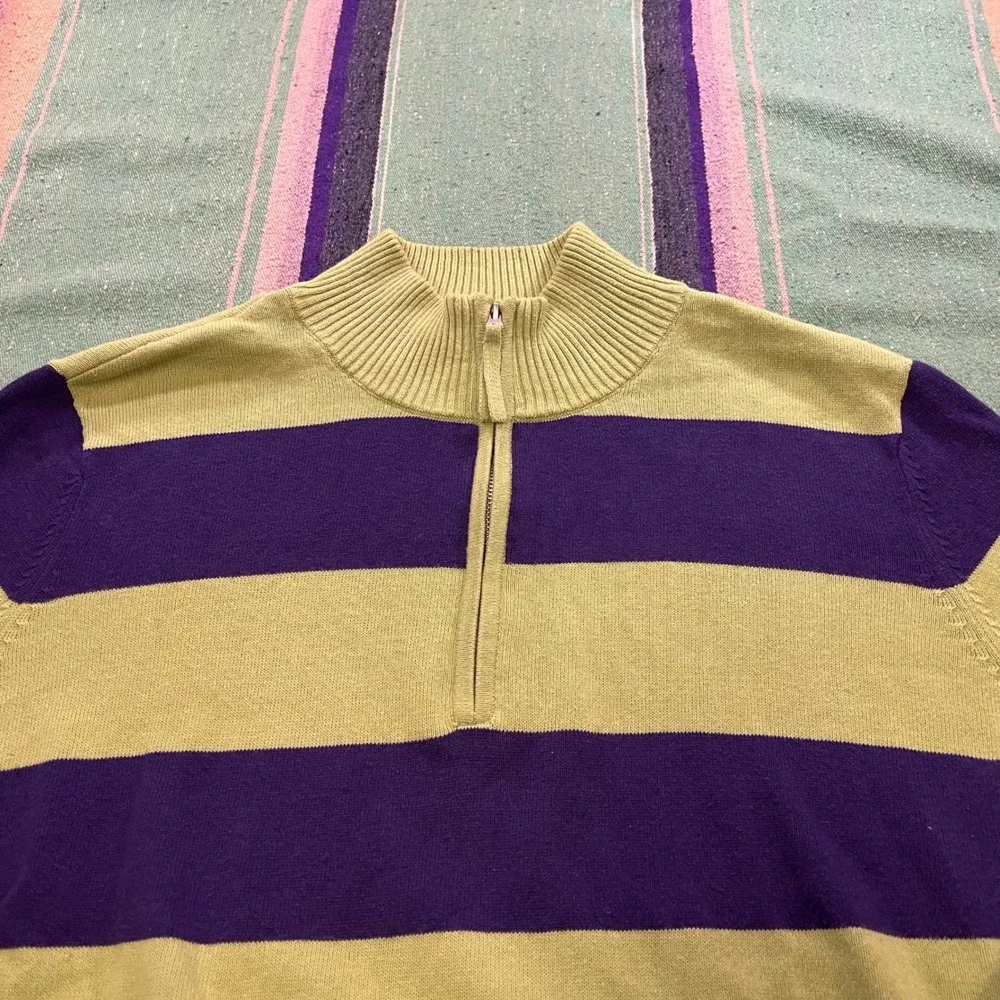 Le Tigre Quarter Zip Sweater Mens Large Green Purple Striped Cotton Pullover